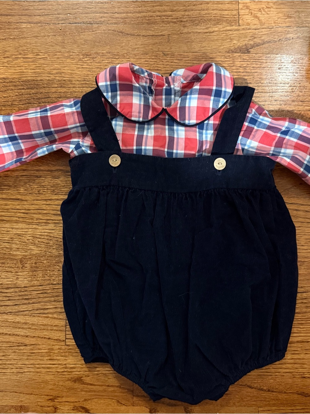 Little English Navy Corduroy Bubble with  Plaid Top 12M